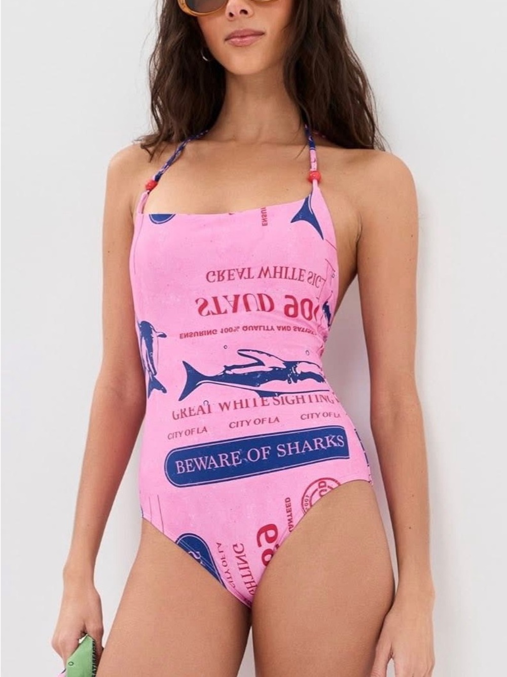 STAUD Laird One Piece Swimsuit Parcel Print Pink Beaded Halter NWT